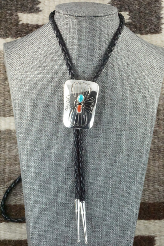 Turquoise, Coral & Sterling Silver Bolo Tie - Joann Silver