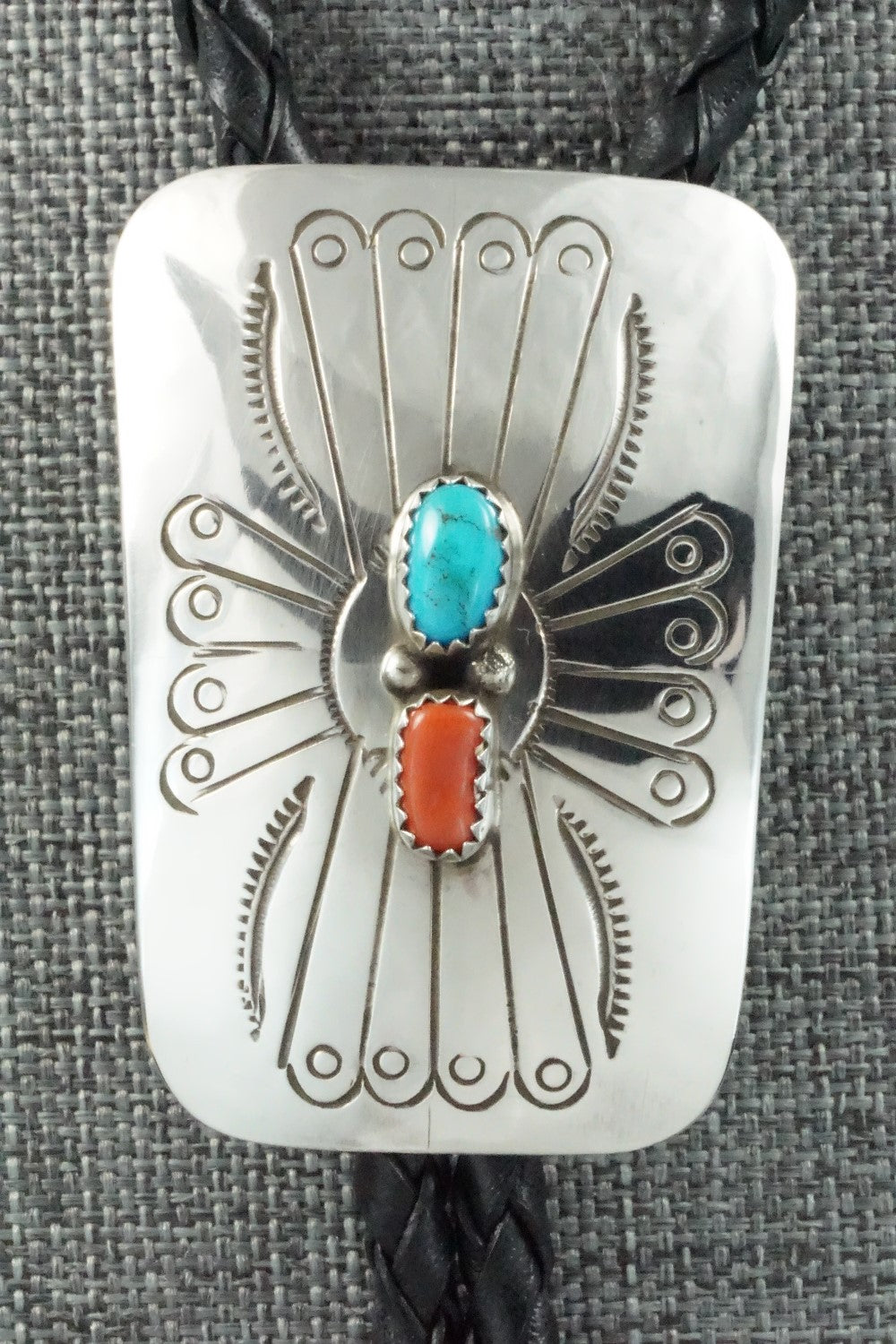 Turquoise, Coral & Sterling Silver Bolo Tie - Joann Silver
