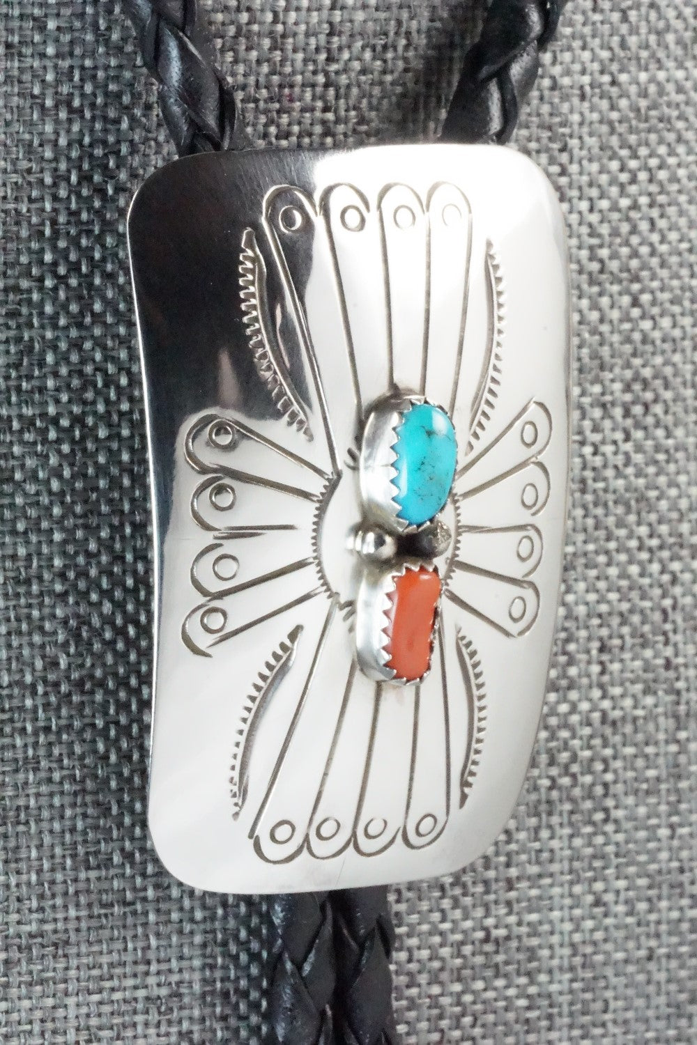 Turquoise, Coral & Sterling Silver Bolo Tie - Joann Silver