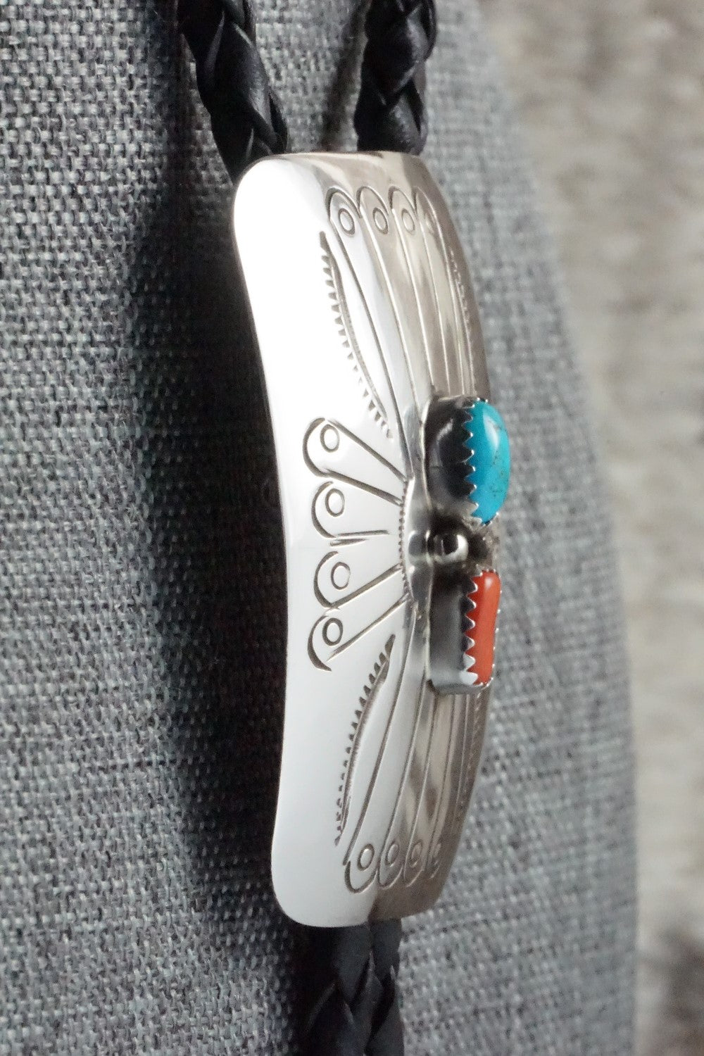 Turquoise, Coral & Sterling Silver Bolo Tie - Joann Silver