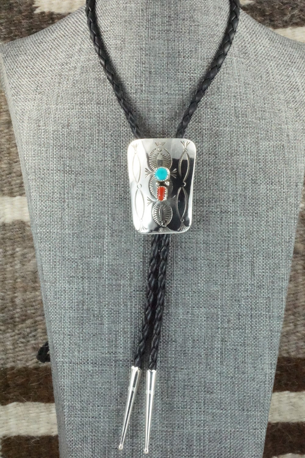 Turquoise, Coral & Sterling Silver Bolo Tie - Joann Silver