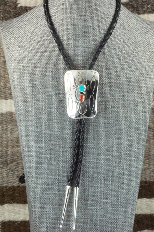 Turquoise, Coral & Sterling Silver Bolo Tie - Joann Silver