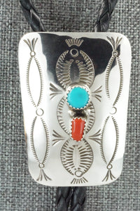 Turquoise, Coral & Sterling Silver Bolo Tie - Joann Silver