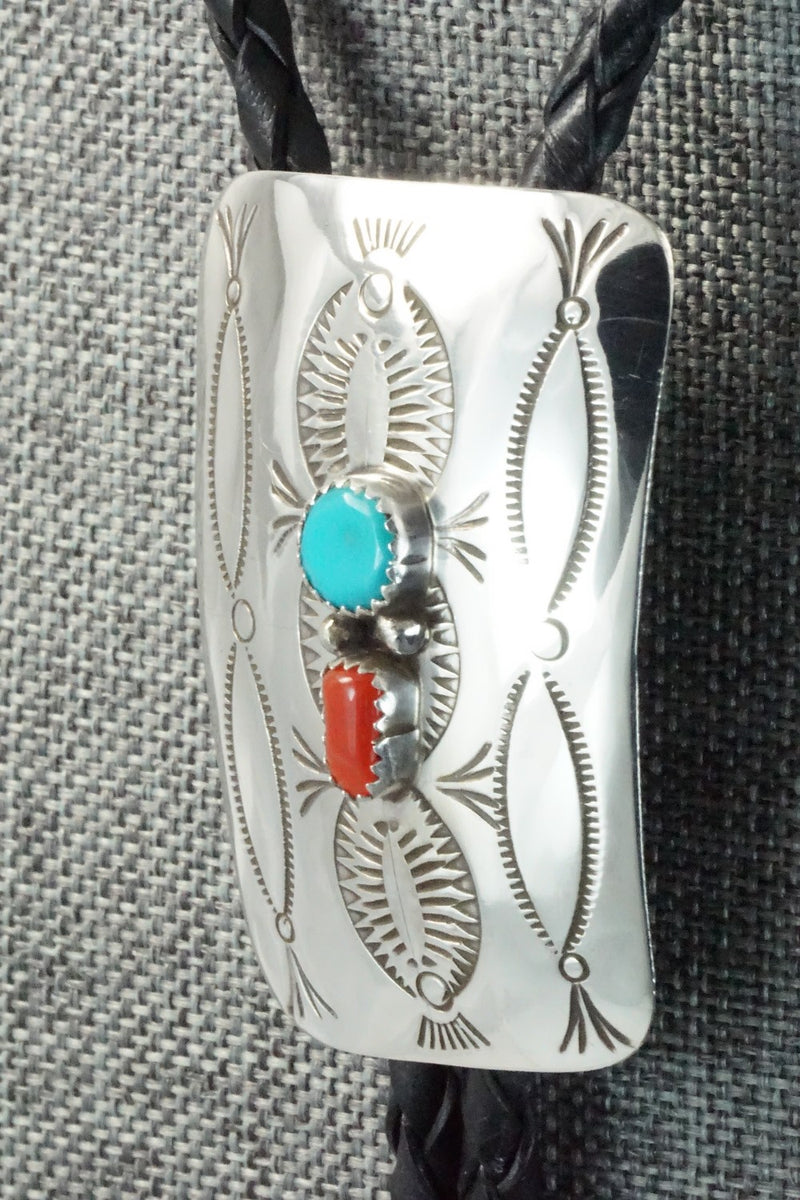 Turquoise, Coral & Sterling Silver Bolo Tie - Joann Silver