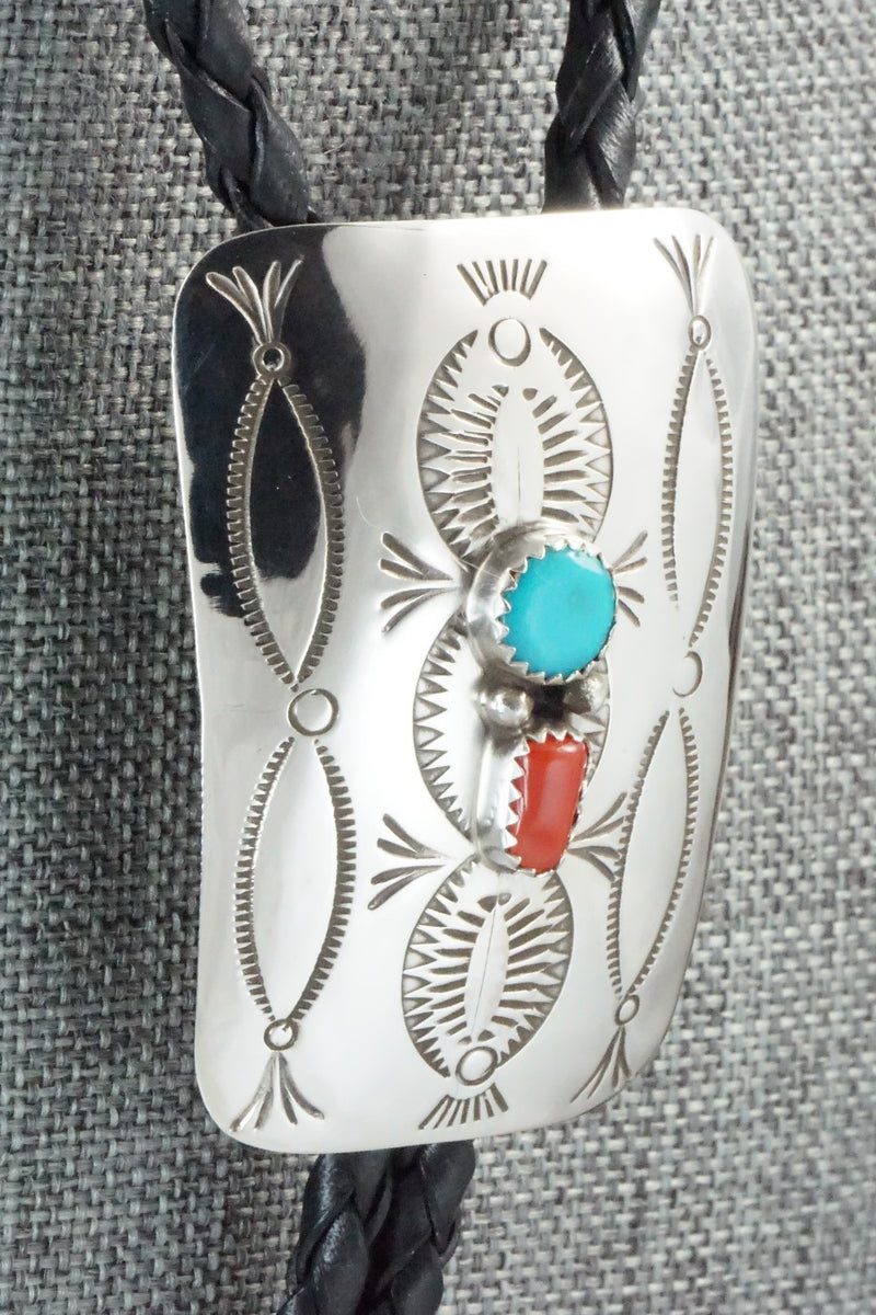 Turquoise, Coral & Sterling Silver Bolo Tie - Joann Silver