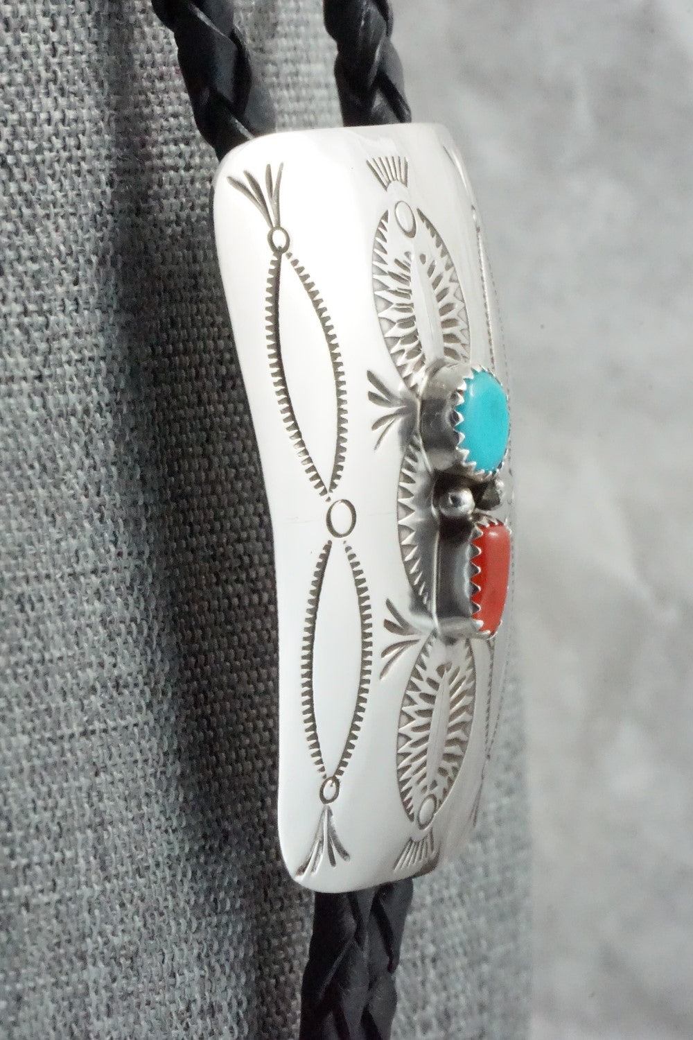 Turquoise, Coral & Sterling Silver Bolo Tie - Joann Silver