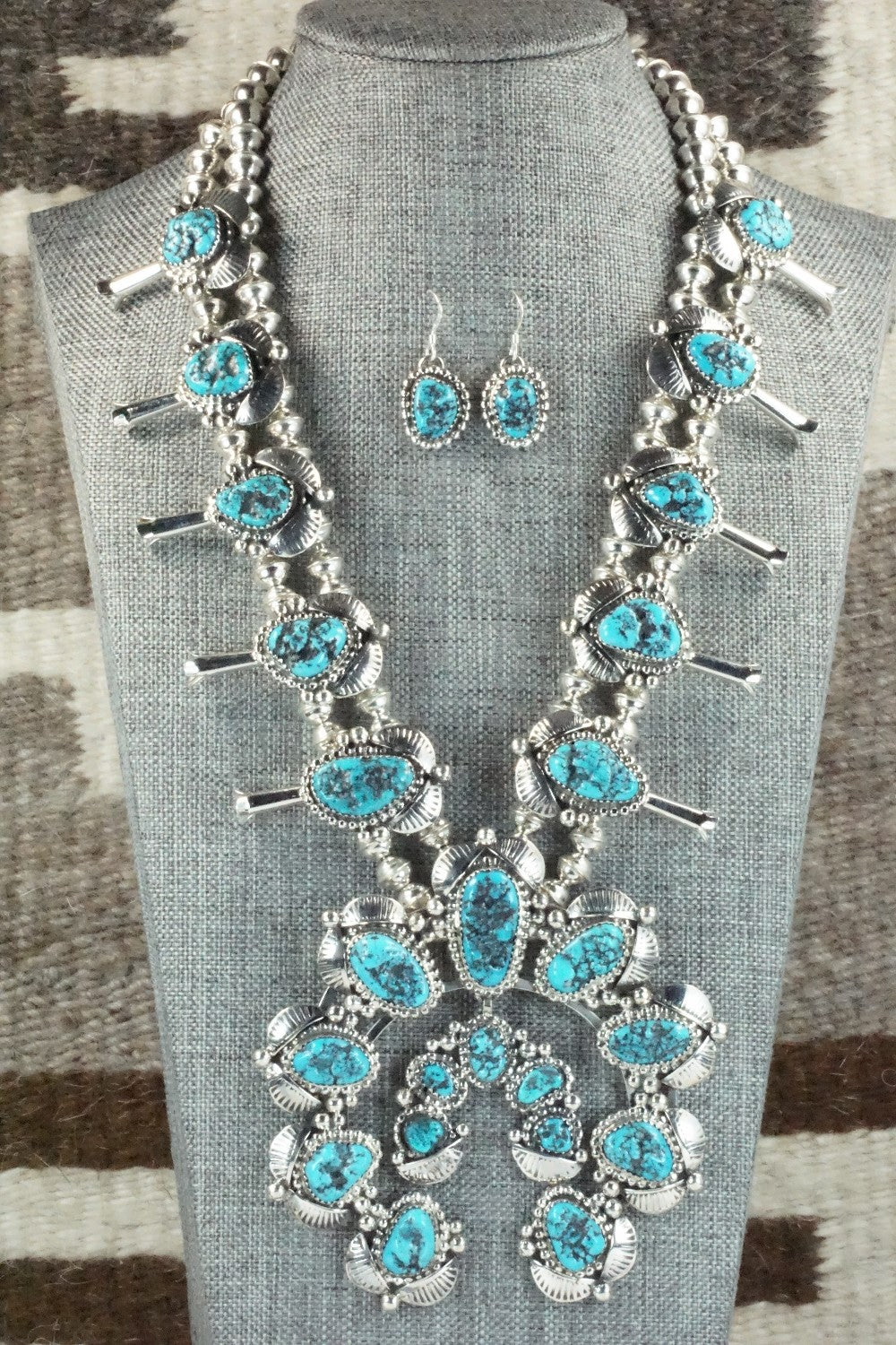 Turquoise & Sterling Silver Squash Blossom Necklace and Earrings - Vernon Johnson