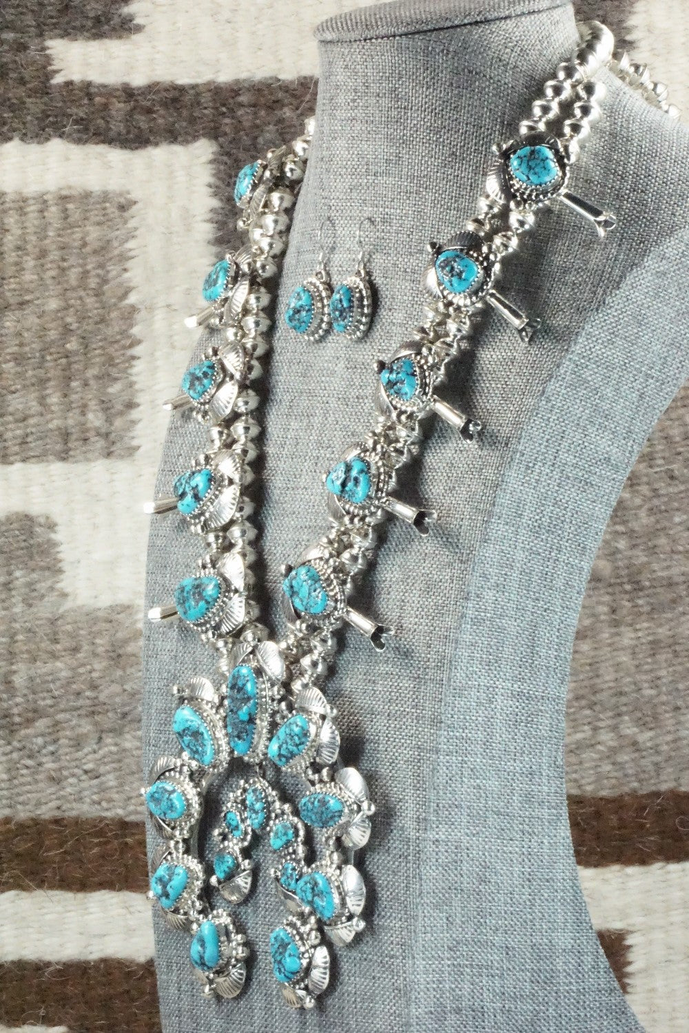 Turquoise & Sterling Silver Squash Blossom Necklace and Earrings - Vernon Johnson