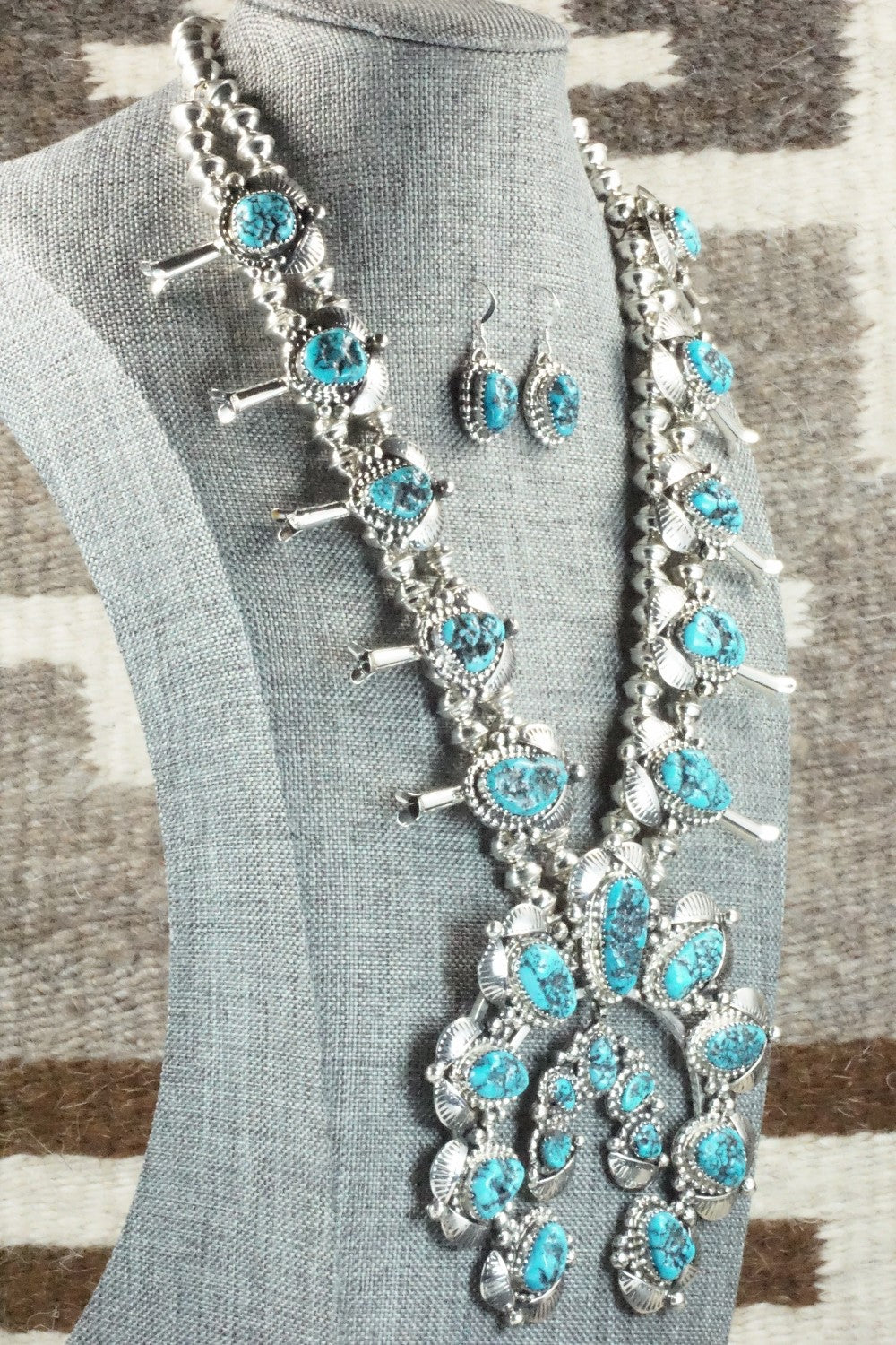 Turquoise & Sterling Silver Squash Blossom Necklace and Earrings - Vernon Johnson
