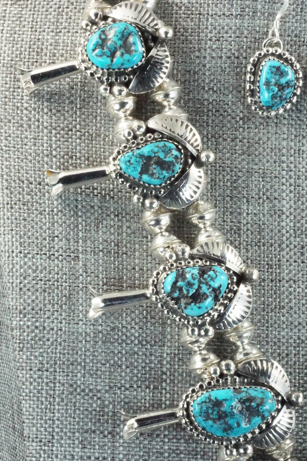 Turquoise & Sterling Silver Squash Blossom Necklace and Earrings - Vernon Johnson