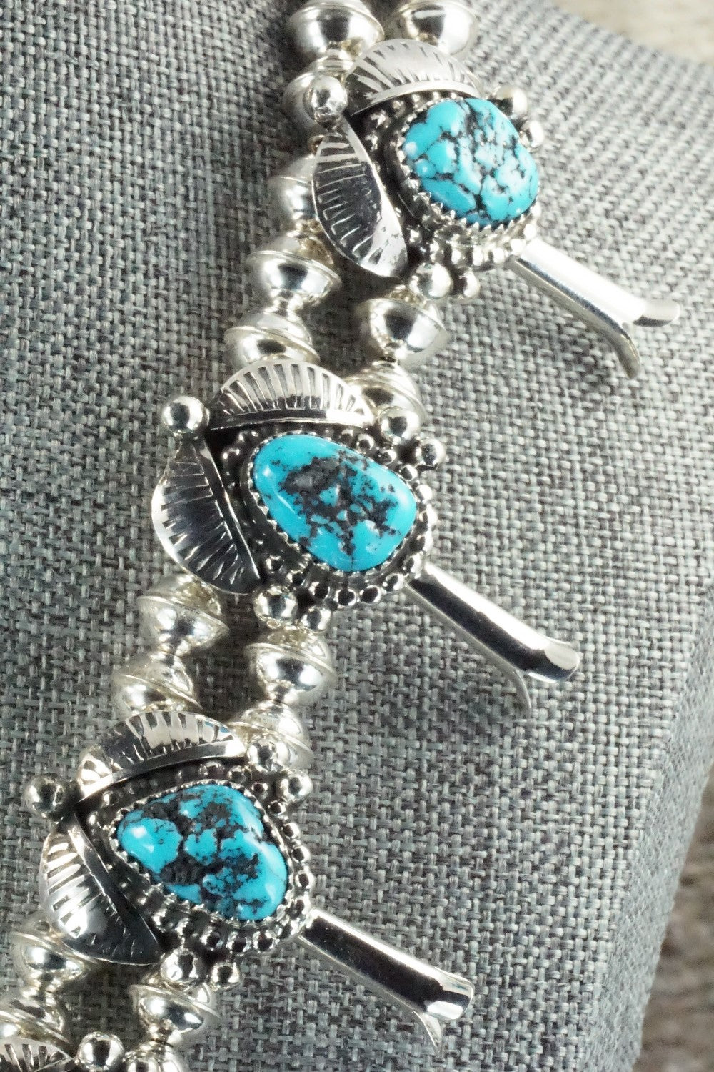 Turquoise & Sterling Silver Squash Blossom Necklace and Earrings - Vernon Johnson