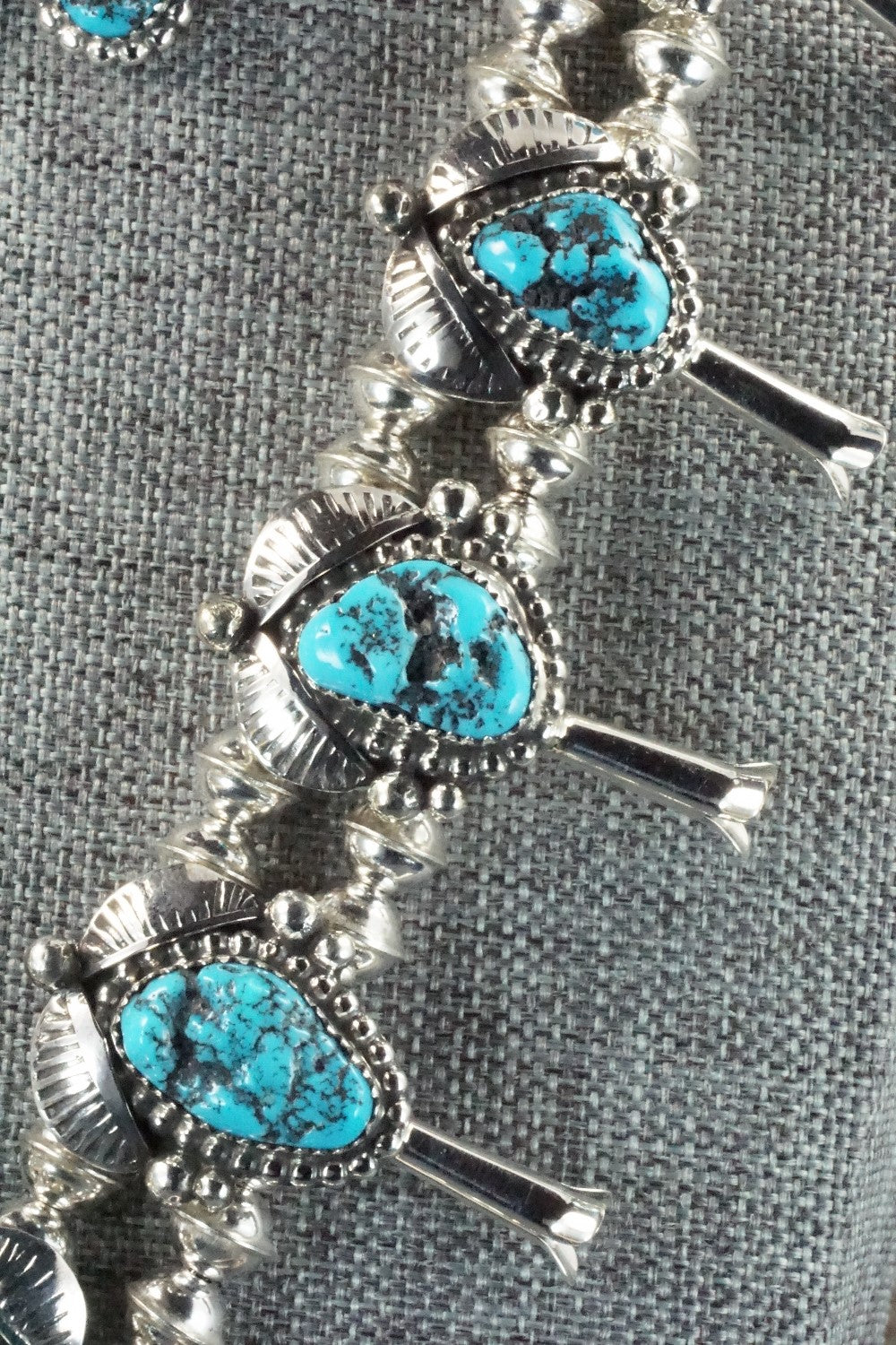 Turquoise & Sterling Silver Squash Blossom Necklace and Earrings - Vernon Johnson