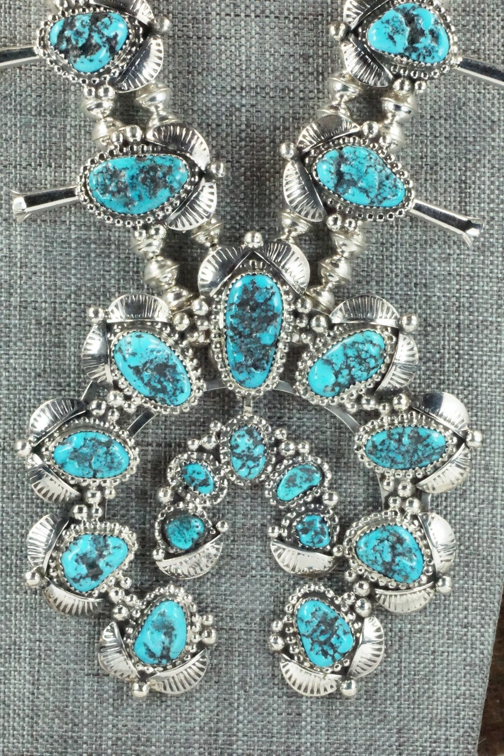 Turquoise & Sterling Silver Squash Blossom Necklace and Earrings - Vernon Johnson