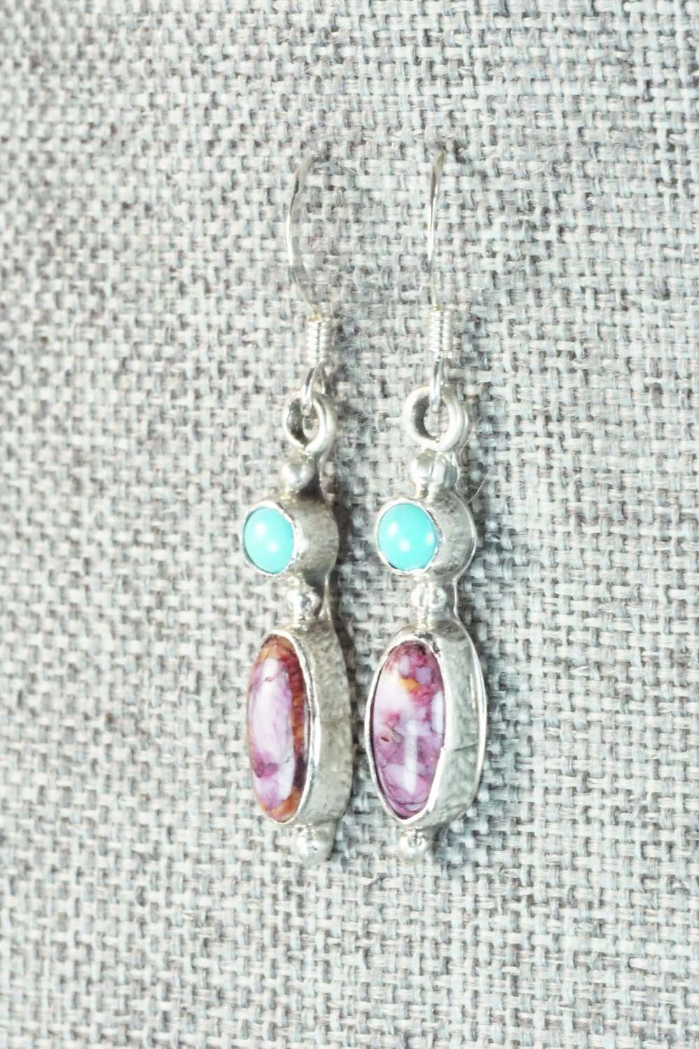 Turquoise, Spiny Oyster and Sterling Silver Earrings - Navajo