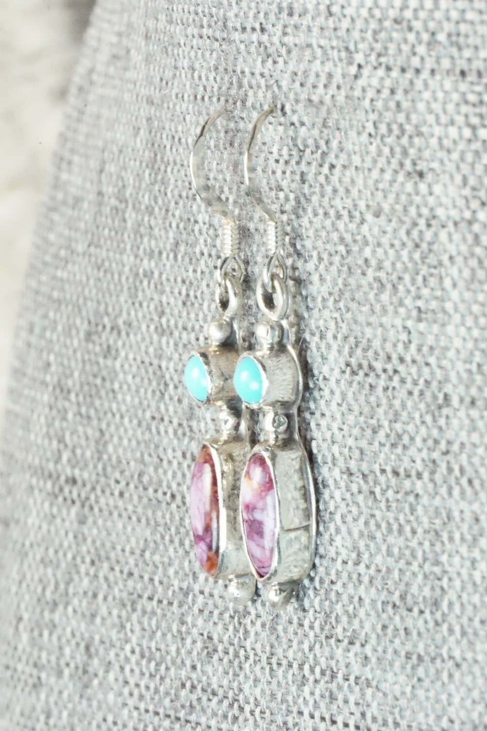 Turquoise, Spiny Oyster and Sterling Silver Earrings - Navajo