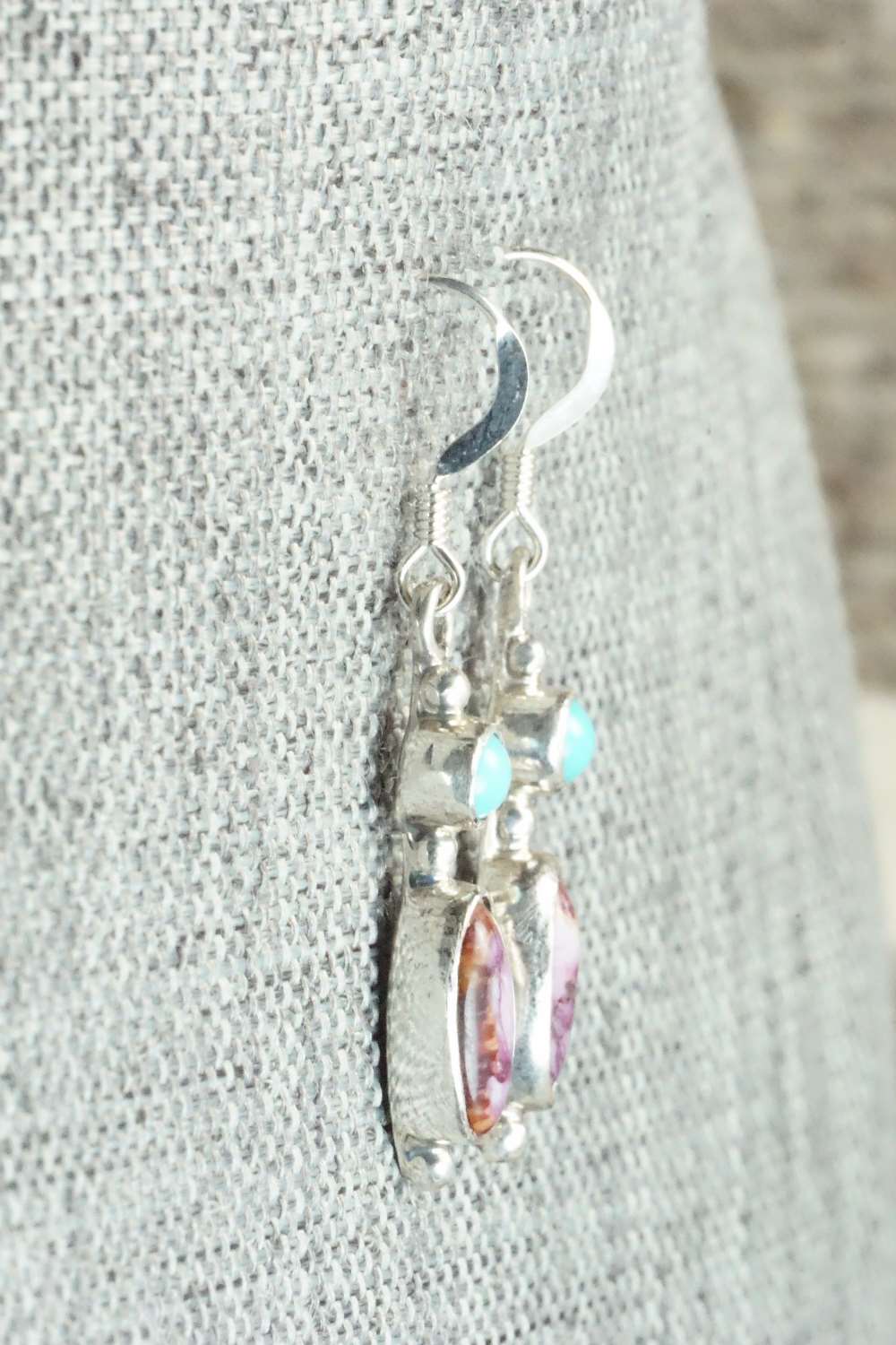 Turquoise, Spiny Oyster and Sterling Silver Earrings - Navajo