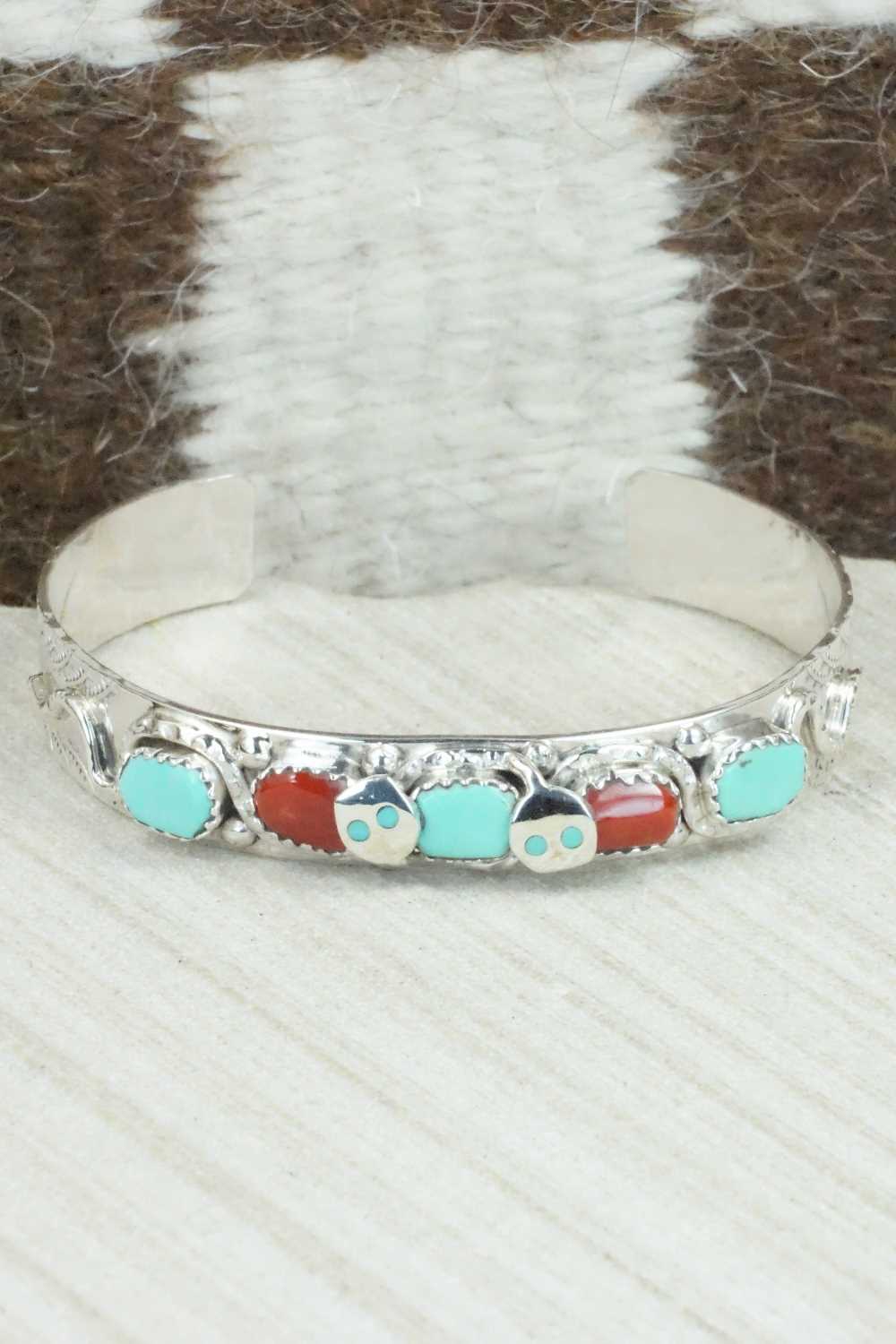 Turquoise, Coral & Sterling Silver Bracelet - Joy Calavaza
