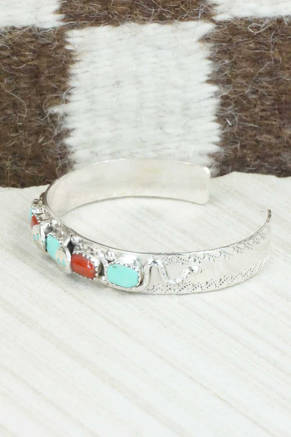 Turquoise, Coral & Sterling Silver Bracelet - Joy Calavaza