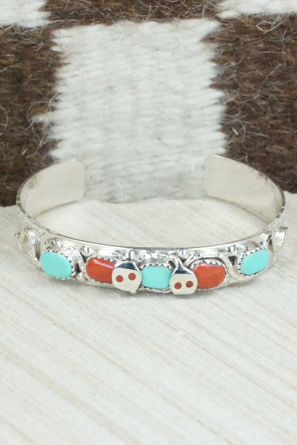 Turquoise, Coral & Sterling Silver Bracelet - Joy Calavaza