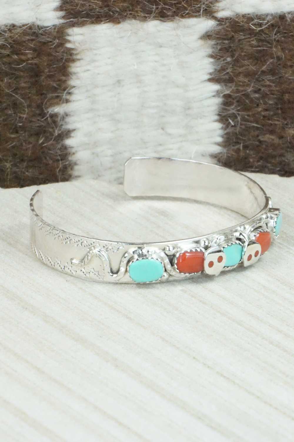 Turquoise, Coral & Sterling Silver Bracelet - Joy Calavaza