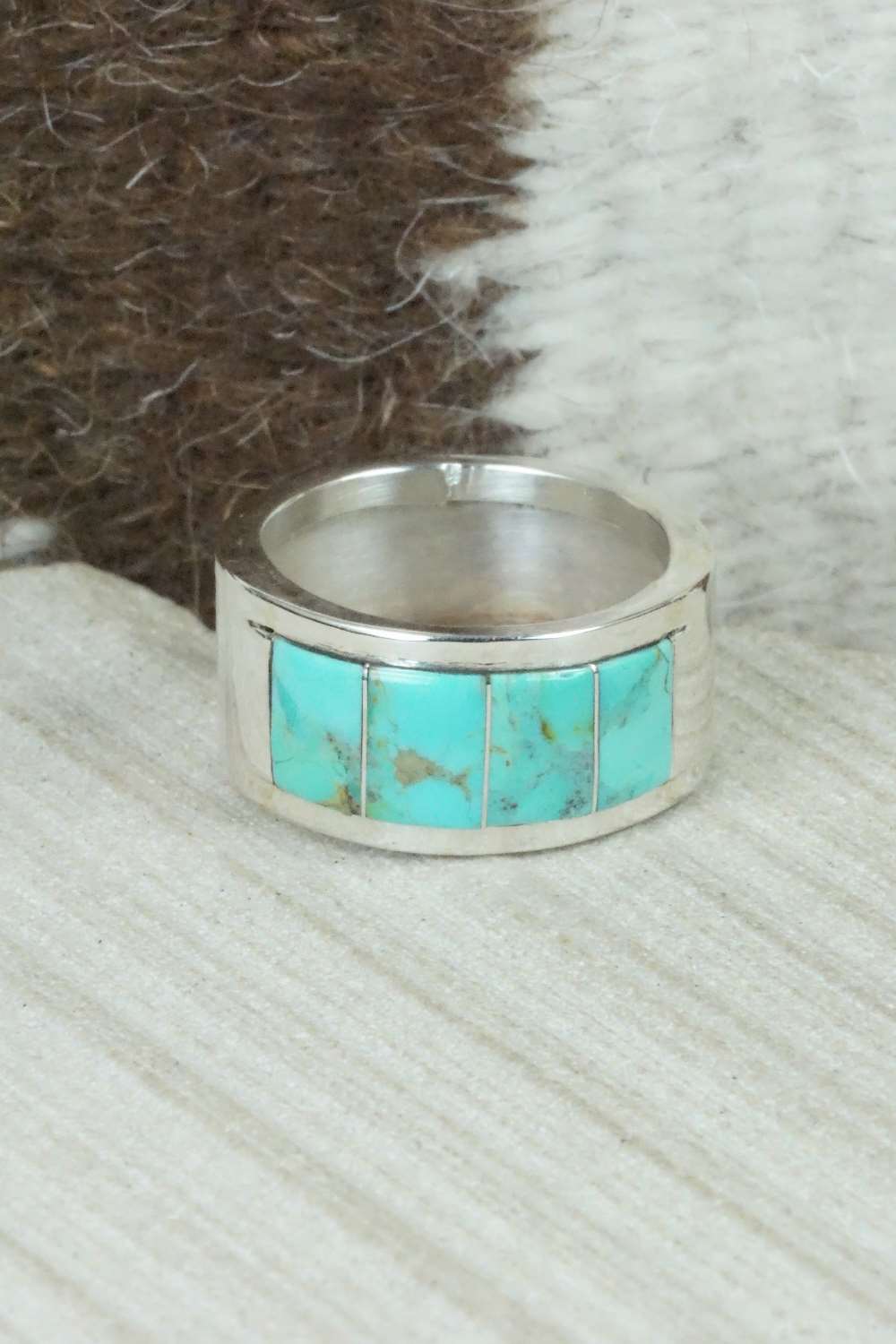 Turquoise & Sterling Silver Inlay Ring - Bruce Johnson - Size 10.75