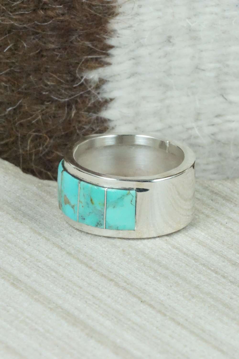 Turquoise & Sterling Silver Inlay Ring - Bruce Johnson - Size 10.75