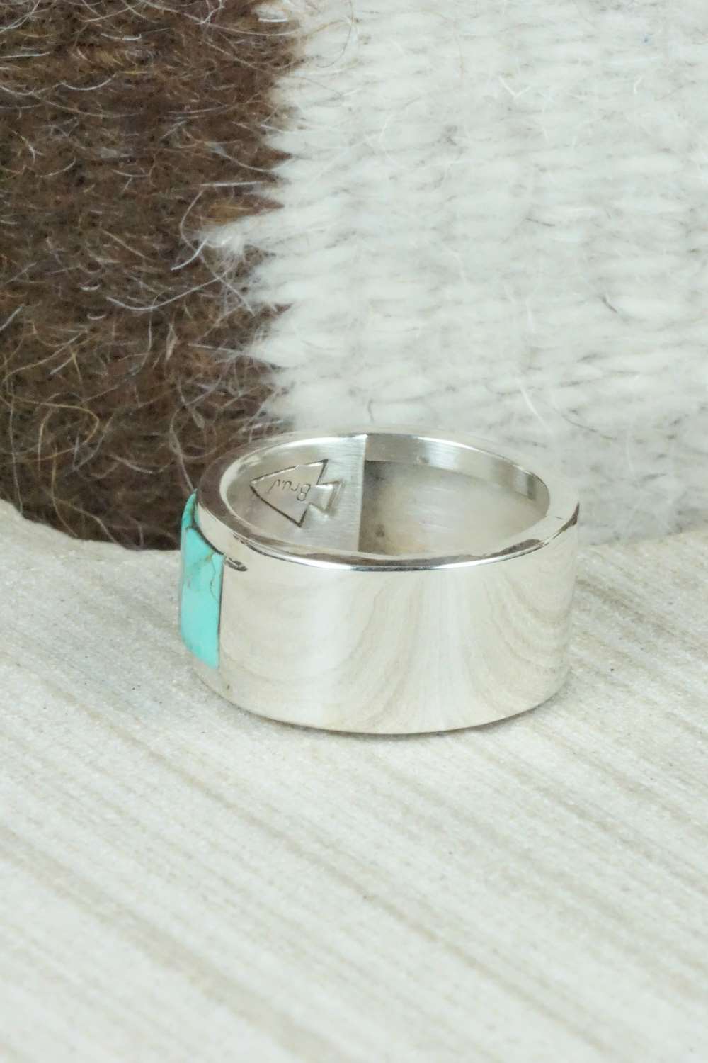Turquoise & Sterling Silver Inlay Ring - Bruce Johnson - Size 10.75