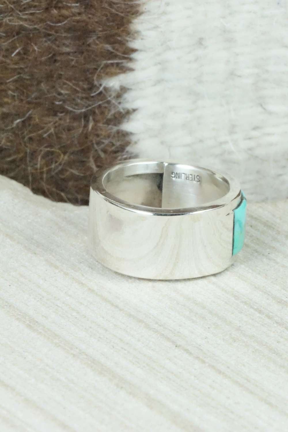 Turquoise & Sterling Silver Inlay Ring - Bruce Johnson - Size 10.75