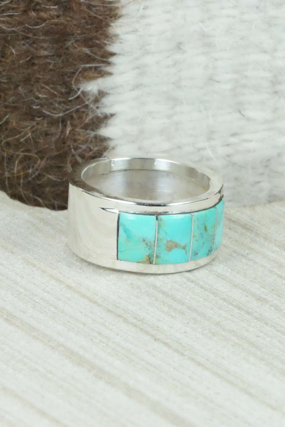 Turquoise & Sterling Silver Inlay Ring - Bruce Johnson - Size 10.75