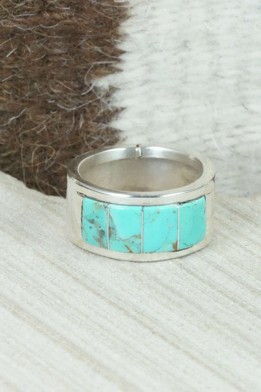 Turquoise & Sterling Silver Inlay Ring - Bruce Johnson - Size 12