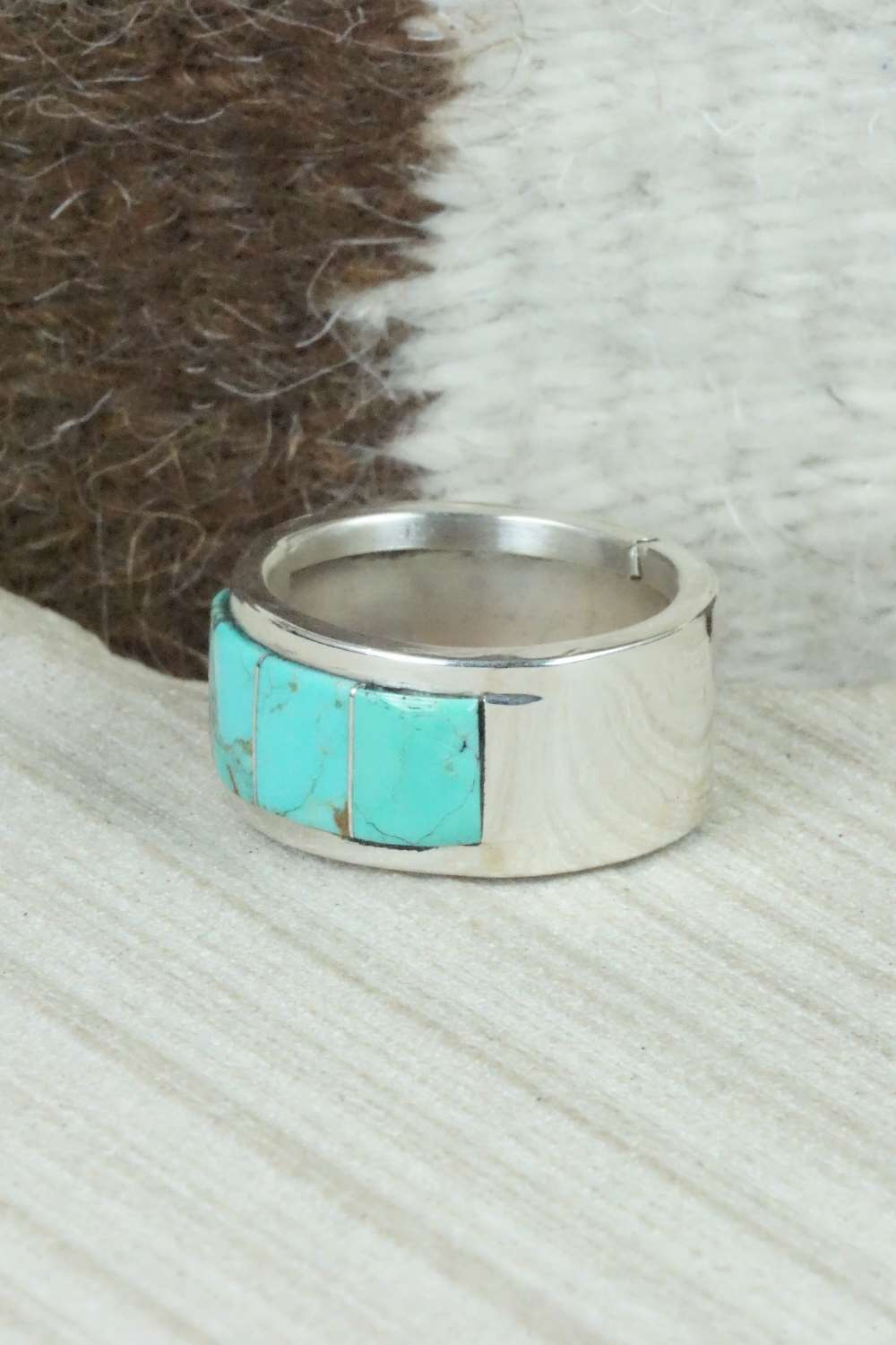 Turquoise & Sterling Silver Inlay Ring - Bruce Johnson - Size 12