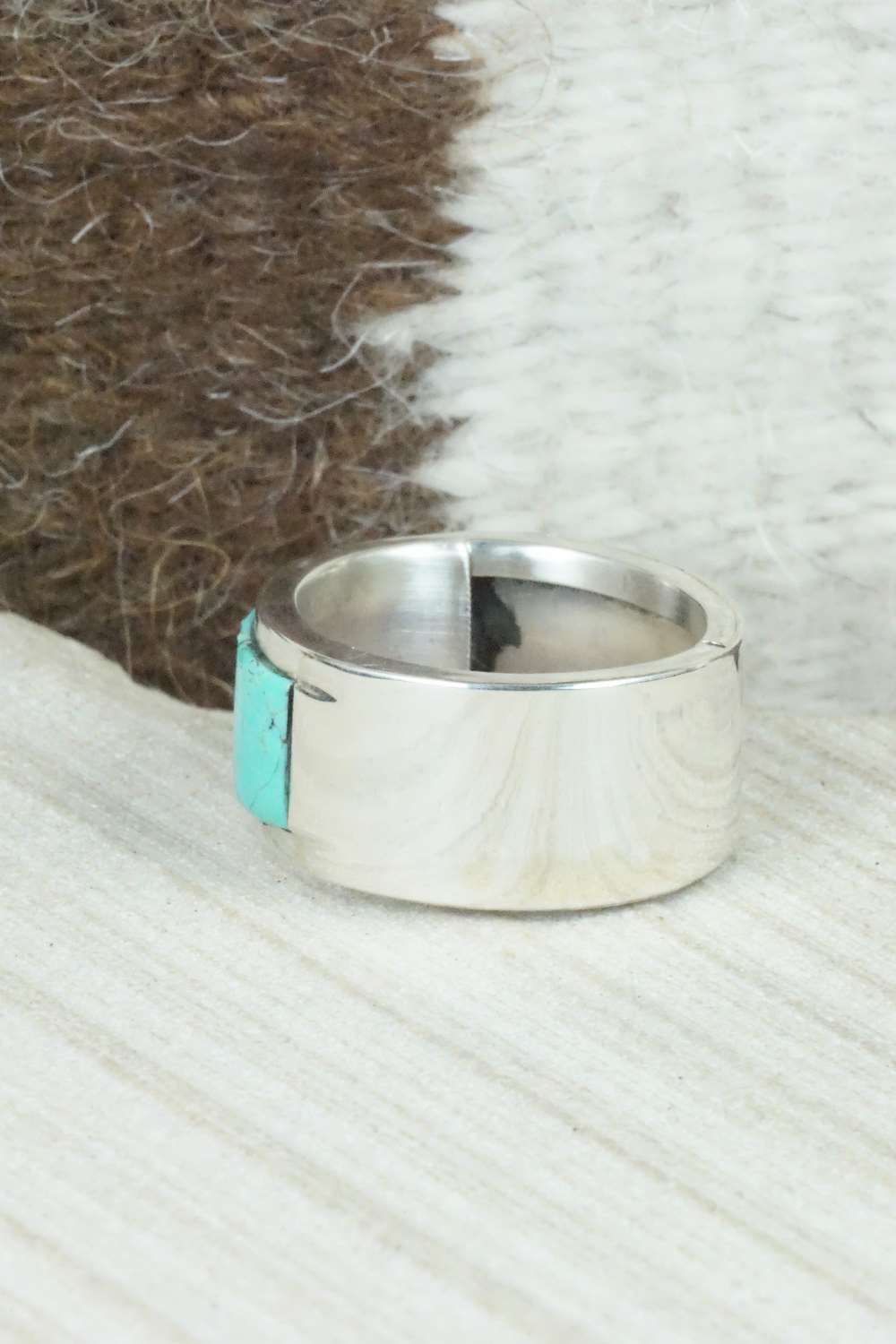 Turquoise & Sterling Silver Inlay Ring - Bruce Johnson - Size 12