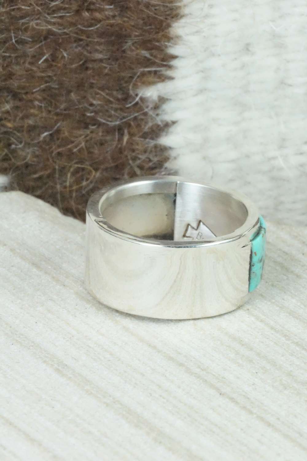 Turquoise & Sterling Silver Inlay Ring - Bruce Johnson - Size 12