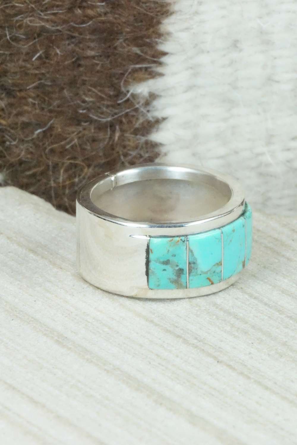 Turquoise & Sterling Silver Inlay Ring - Bruce Johnson - Size 12