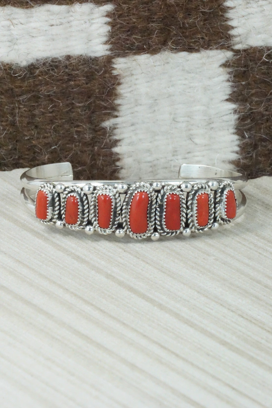 Coral & Sterling Silver Bracelet - Leslie Nez