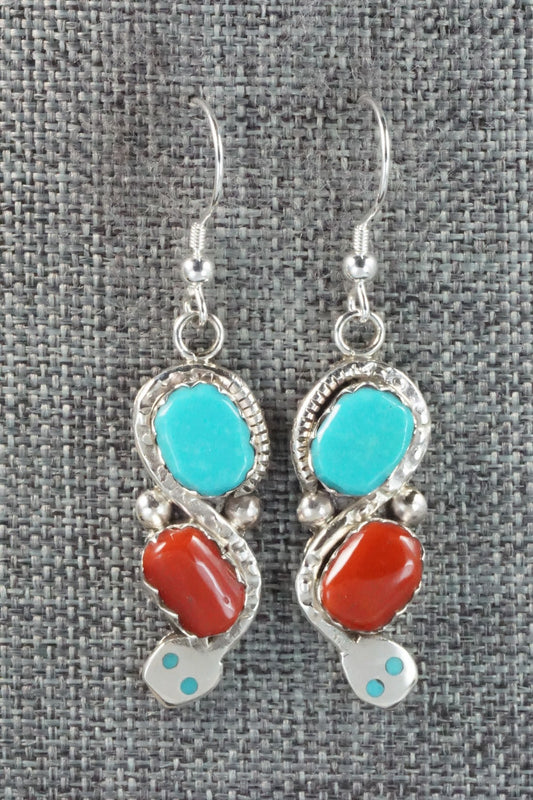 Turquoise, Coral & Sterling Silver Earrings - Joy Calavaza