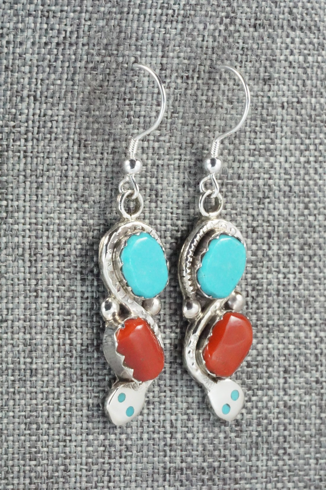 Turquoise, Coral & Sterling Silver Earrings - Joy Calavaza