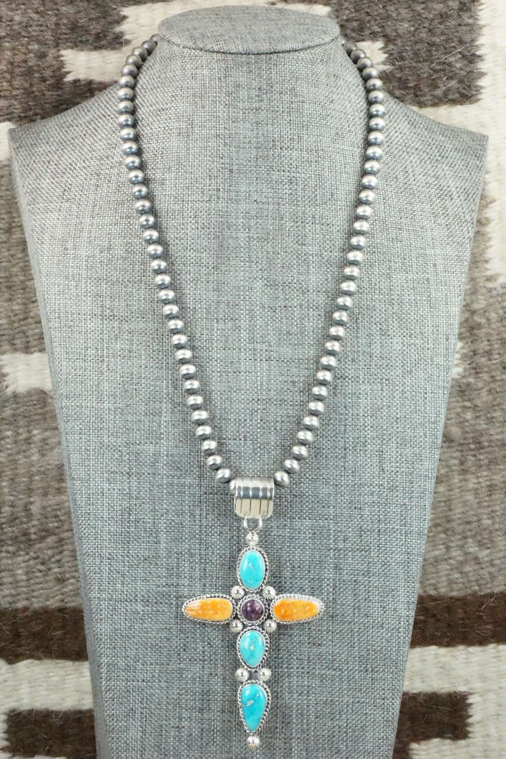 Turquoise, Spiny Oyster & Sterling Silver Necklace - Samuel Yellowhair