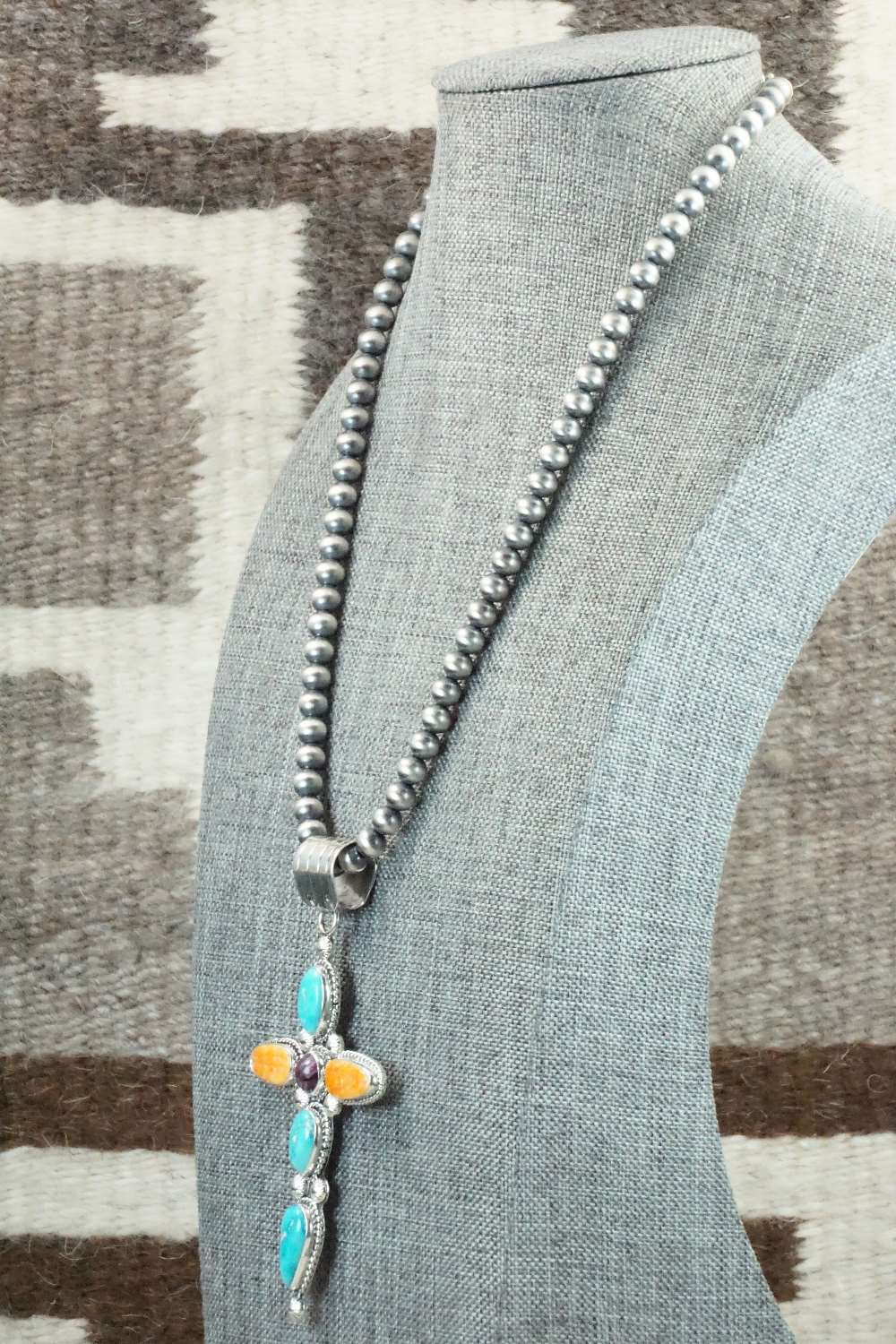 Turquoise, Spiny Oyster & Sterling Silver Necklace - Samuel Yellowhair