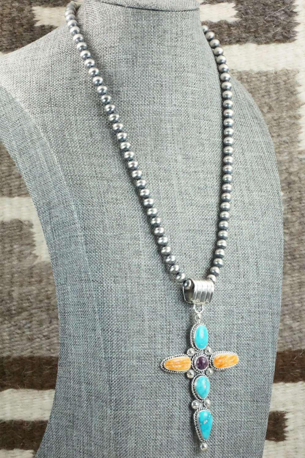 Turquoise, Spiny Oyster & Sterling Silver Necklace - Samuel Yellowhair