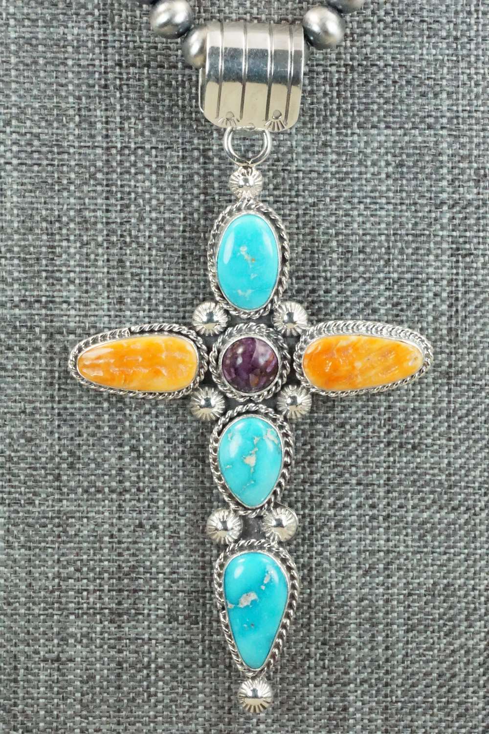 Turquoise, Spiny Oyster & Sterling Silver Necklace - Samuel Yellowhair