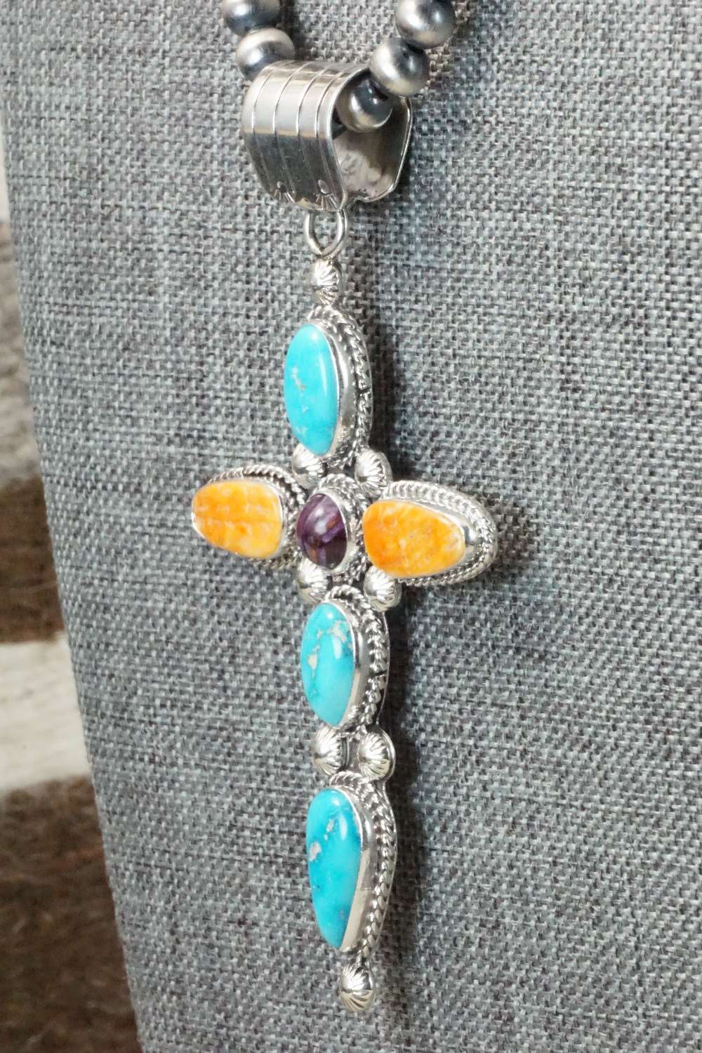 Turquoise, Spiny Oyster & Sterling Silver Necklace - Samuel Yellowhair
