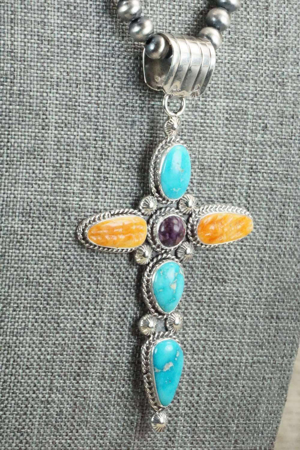 Turquoise, Spiny Oyster & Sterling Silver Necklace - Samuel Yellowhair