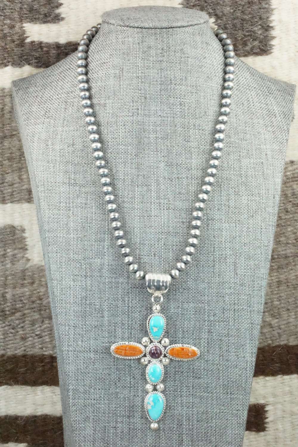 Turquoise, Spiny Oyster & Sterling Silver Necklace - Samuel Yellowhair