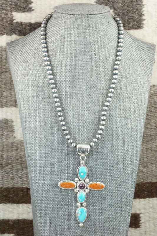 Turquoise, Spiny Oyster & Sterling Silver Necklace - Samuel Yellowhair