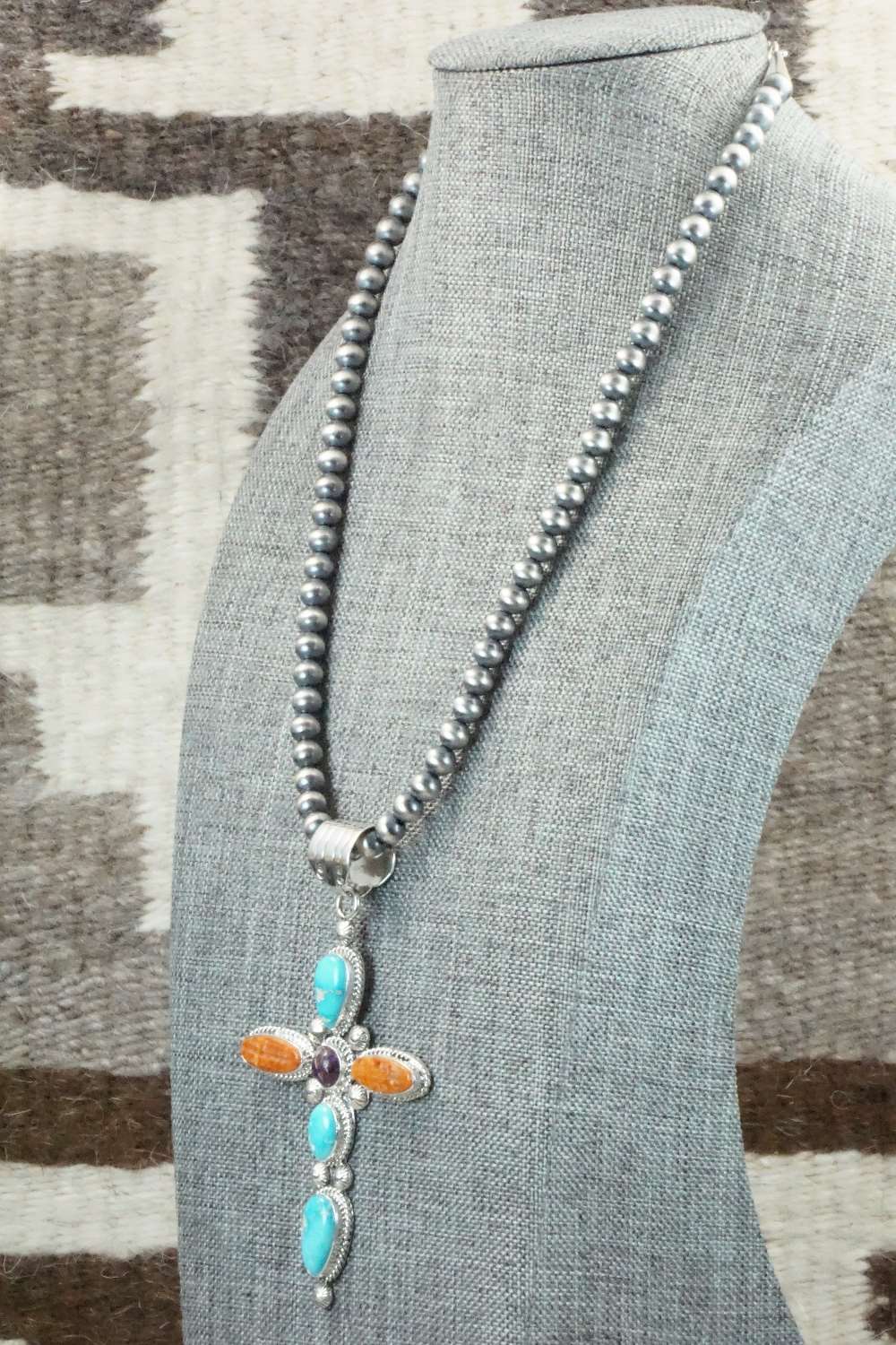 Turquoise, Spiny Oyster & Sterling Silver Necklace - Samuel Yellowhair