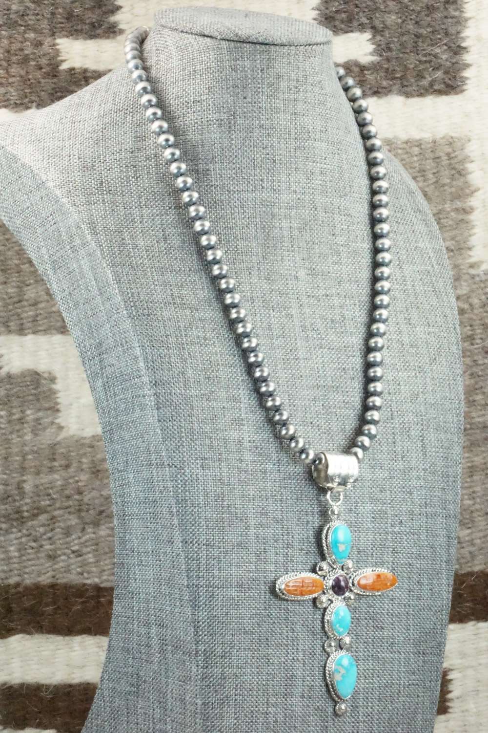 Turquoise, Spiny Oyster & Sterling Silver Necklace - Samuel Yellowhair
