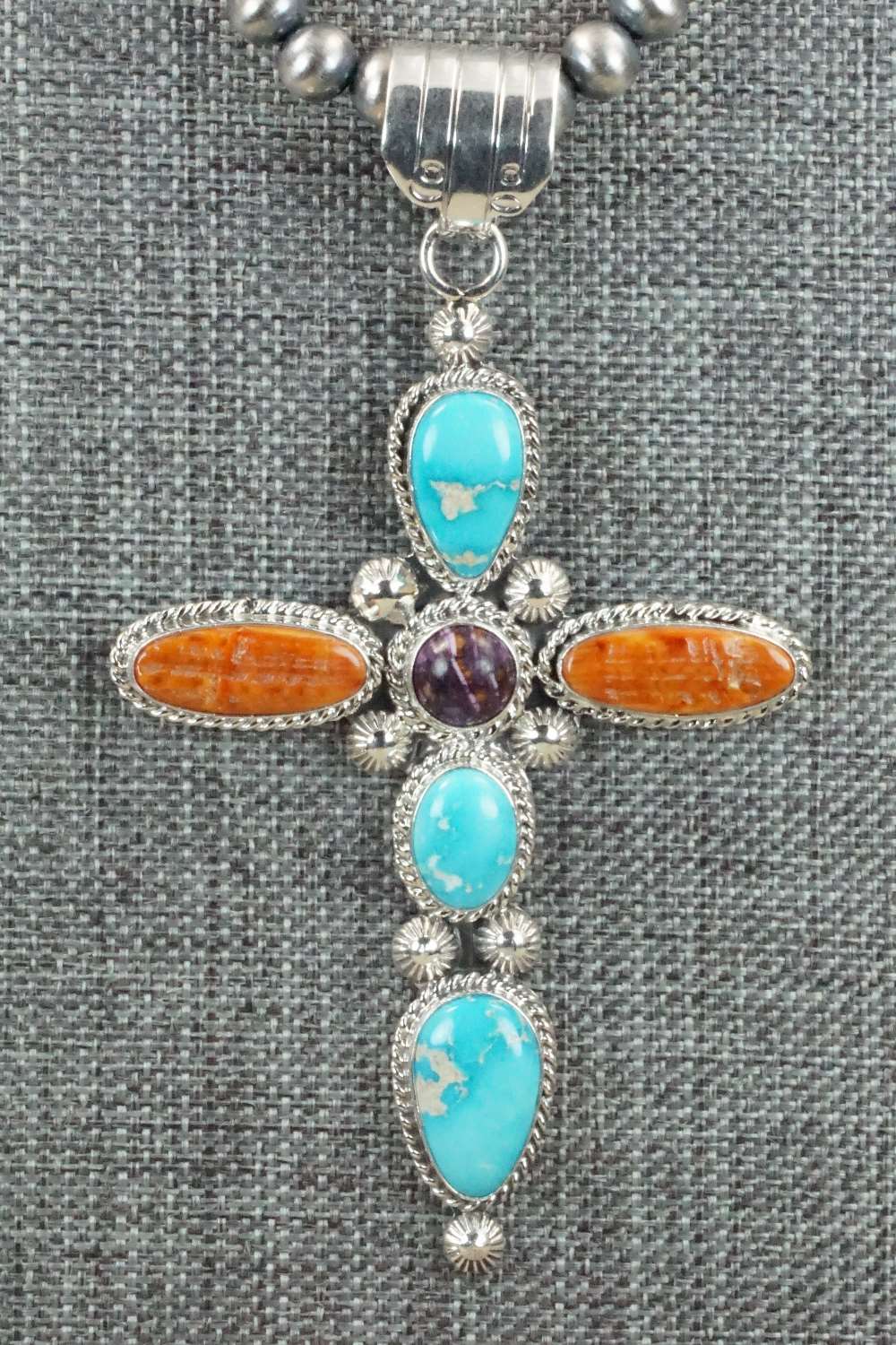Turquoise, Spiny Oyster & Sterling Silver Necklace - Samuel Yellowhair