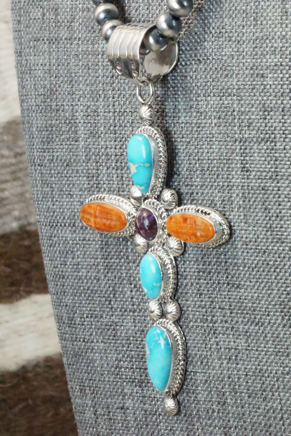 Turquoise, Spiny Oyster & Sterling Silver Necklace - Samuel Yellowhair