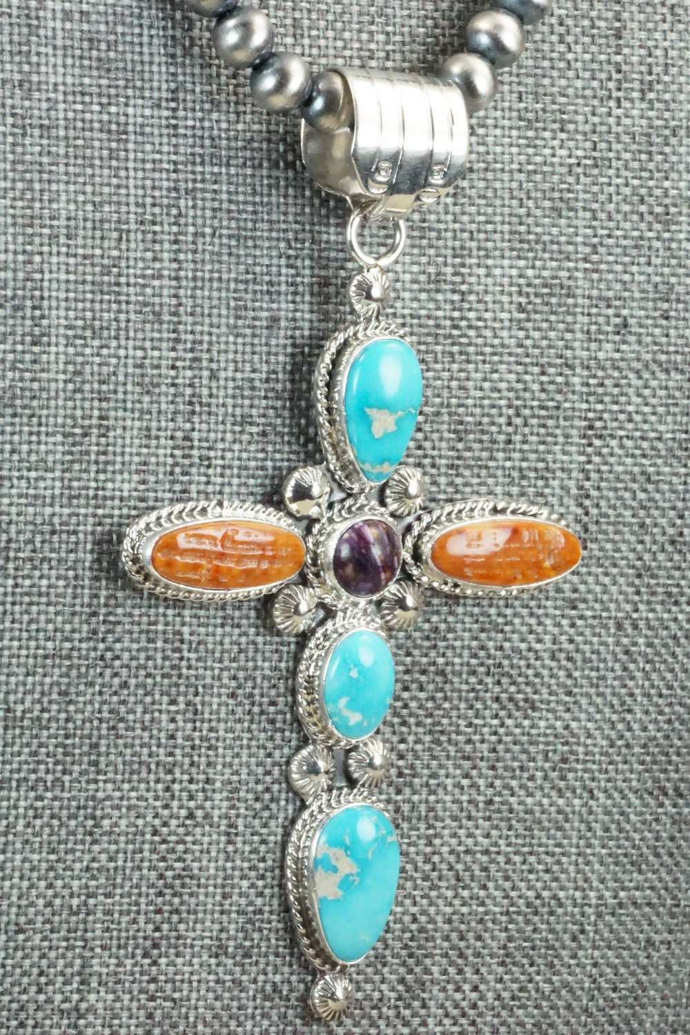 Turquoise, Spiny Oyster & Sterling Silver Necklace - Samuel Yellowhair